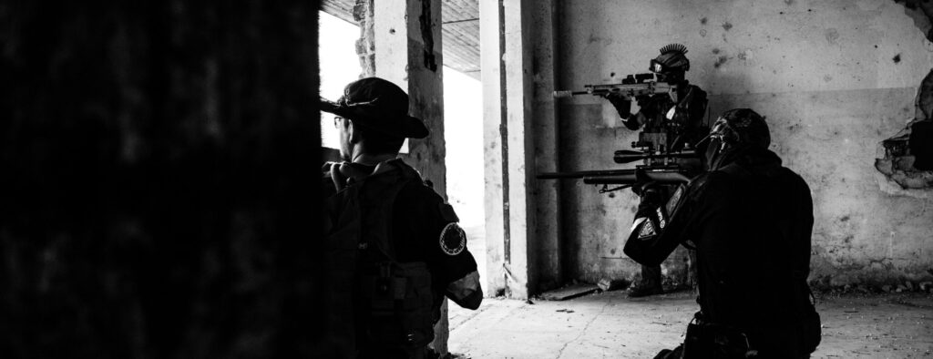 Black and white image of airsoft team